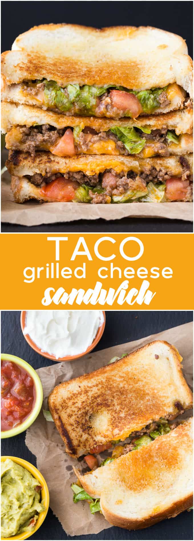 Taco Grilled Cheese Sandwich - Spice up your soup night! This crunchy sandwich is stuffed with seasoned ground beef, lettuce, tomatoes, and gooey cheese for the most filling grilled cheese recipe.