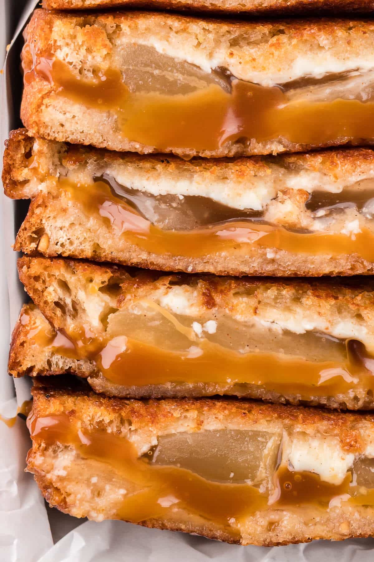 A stack of caramel apple grilled cheese sandwiches.
