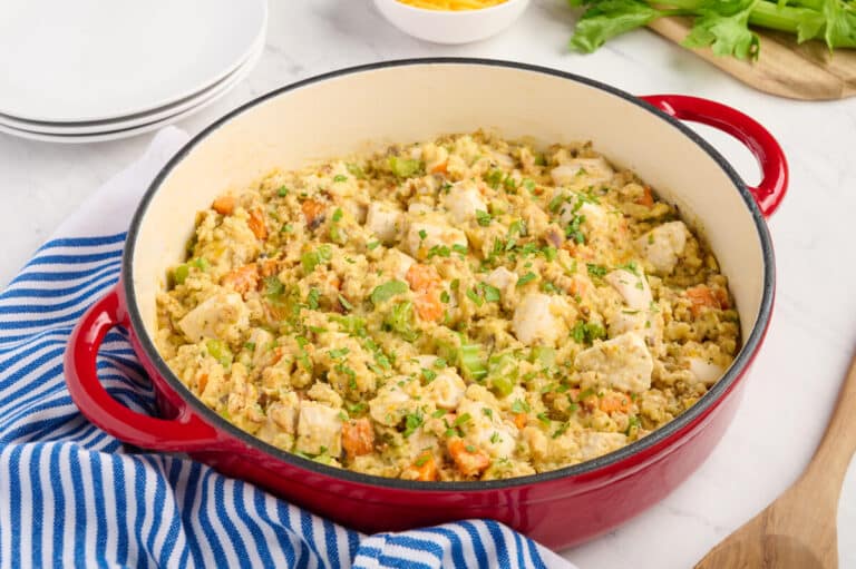 A pot of chicken and stuffing.