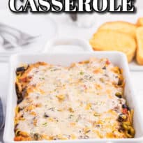 spaghetti casserole in a white casserole dish