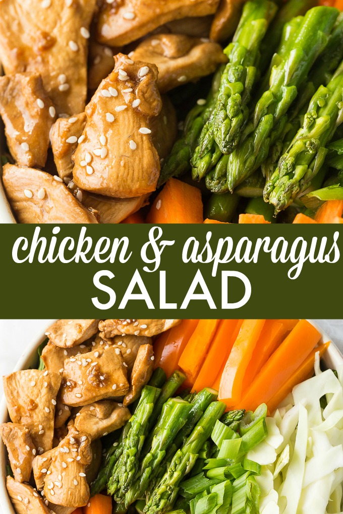 Chicken & Asparagus Salad - A delicious spring salad packed with veggies, seasoned chicken and a tangy Sesame Ginger dressing.