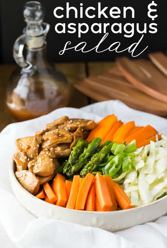 Chicken & Asparagus Salad - A delicious spring salad packed with veggies, seasoned chicken and a tangy Sesame Ginger dressing.