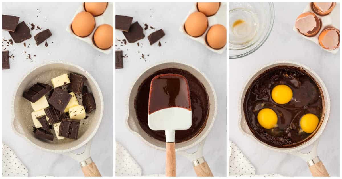 Collage of melting ingredients in a pot.