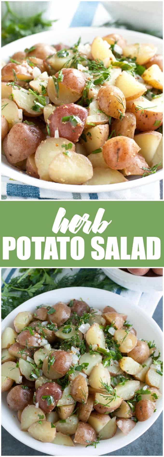 Herb Potato Salad - Keep it clean with this dairy-free potato salad! This easy side dish recipe feels fancy with fresh herbs and red potatoes.