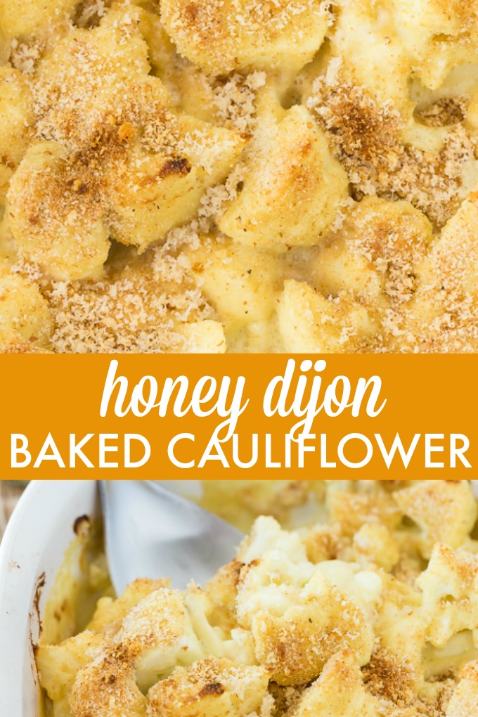 Honey Dijon Baked Cauliflower - This easy side dish is hearty enough for Meatless Monday! This cauliflower casserole recipe is super tangy and covered in breadcrumbs and Parmesan cheese. Yum!