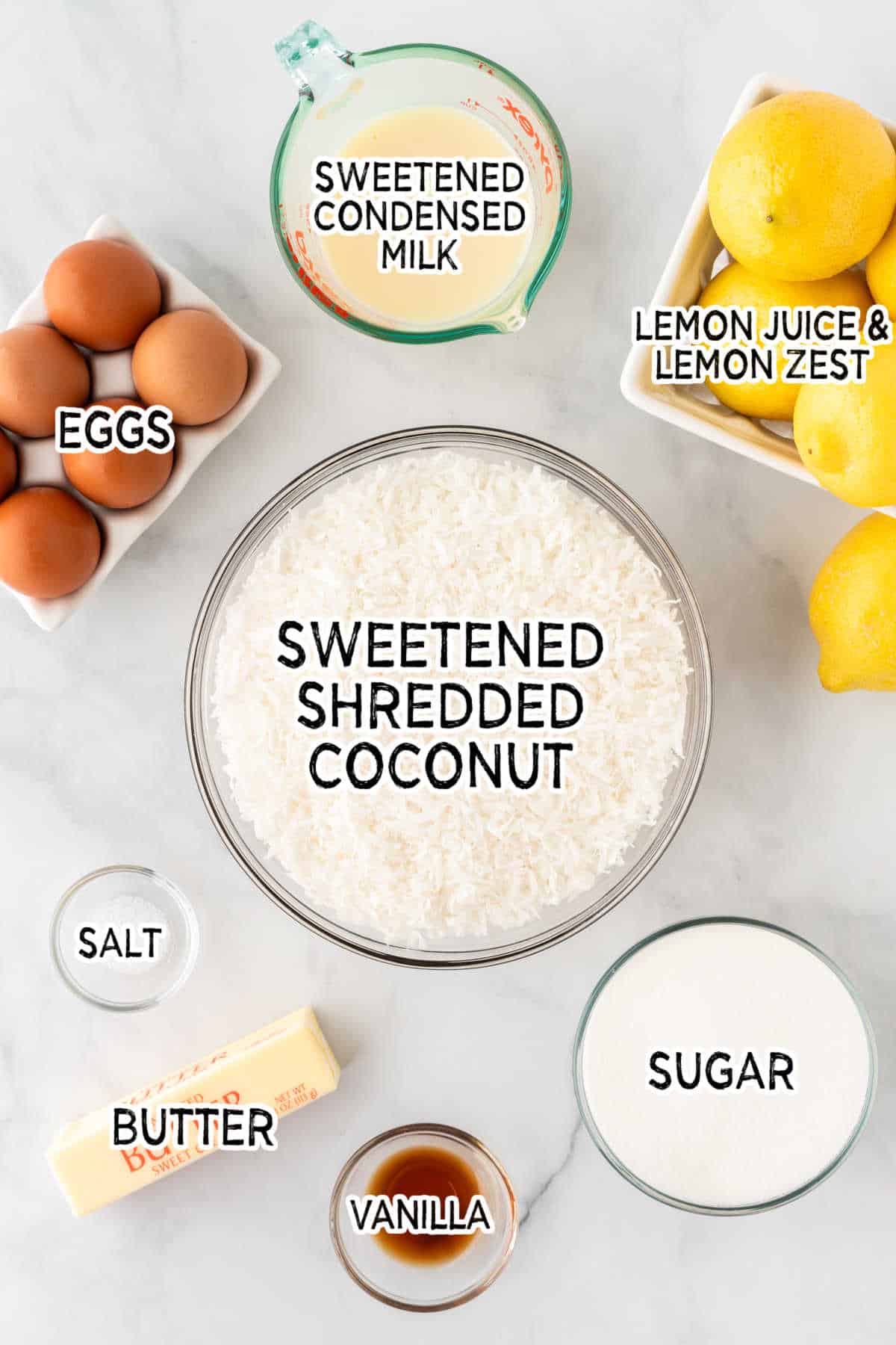 Ingredients to make lemon curd coconut macaroons.