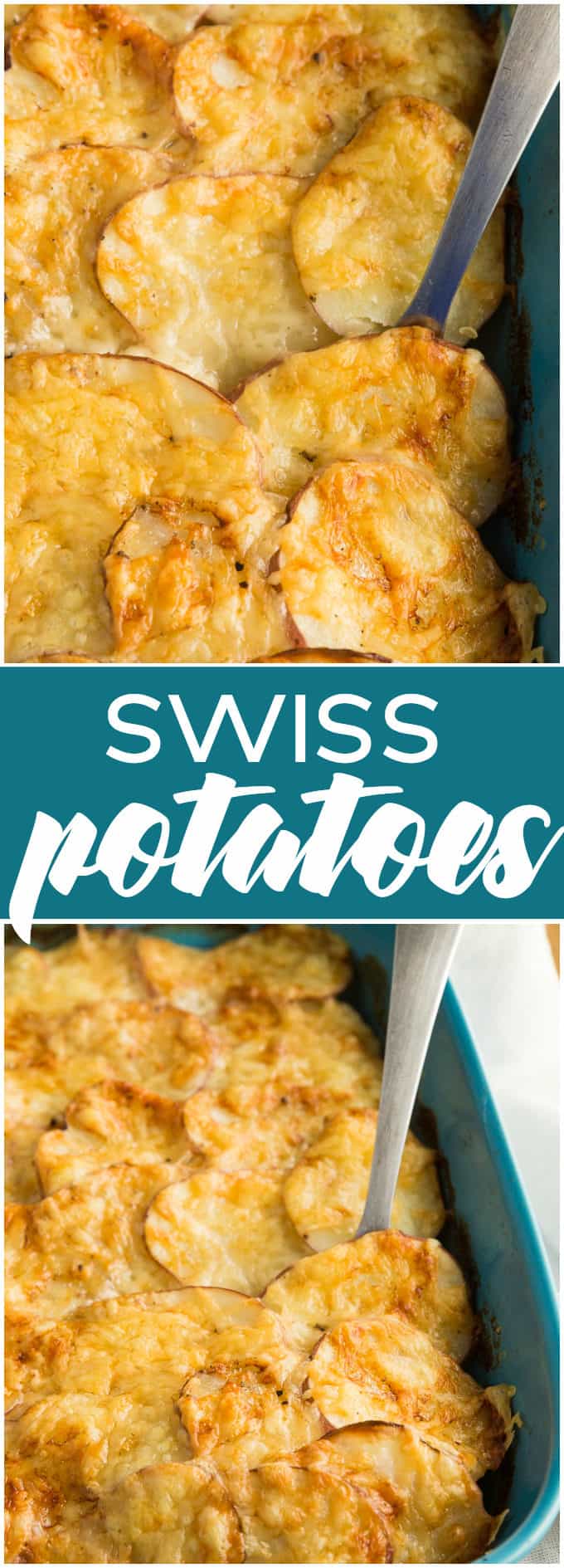 Swiss Potatoes - The best potato side dish recipe! Thinly sliced potatoes are covered in ooey gooey Swiss cheese, butter, and chicken broth.
