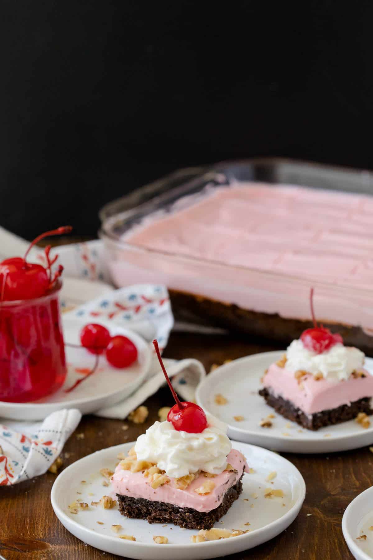 banana split brownies pieces on a white plate