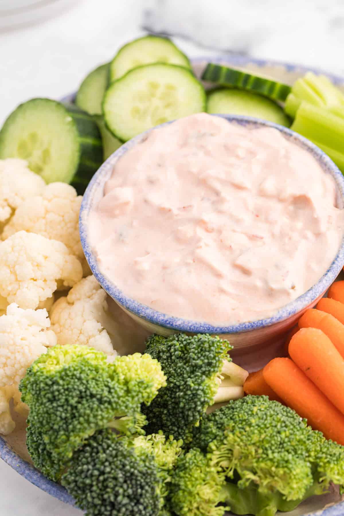 Photo of creamy salsa dip surrounded by fresh veggies.