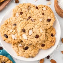 A plate of trail mix oatmeal cookies.
