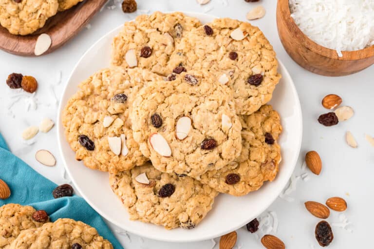 A plate of trail mix oatmeal cookies.