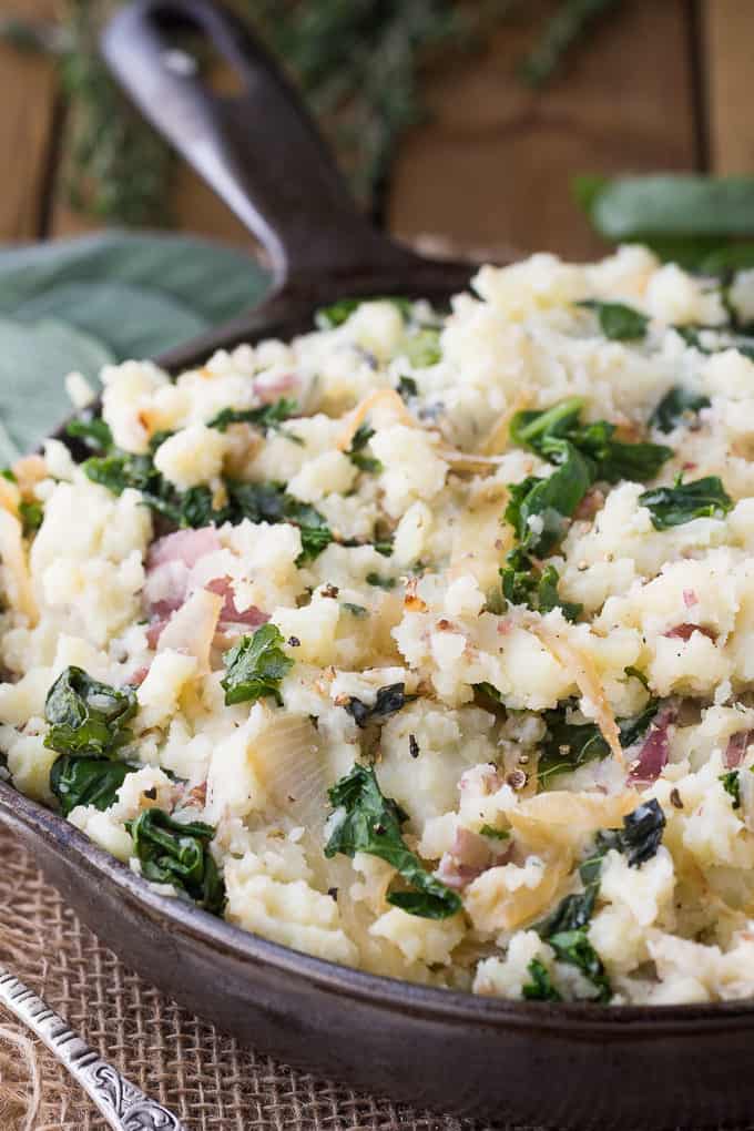 Olive Oil Mashed Potatoes wIth Kale & Herbs - Skip the dairy for these garlic & herb mashed potatoes. This flavorful side dish is great for holiday dinners or weeknight meals.