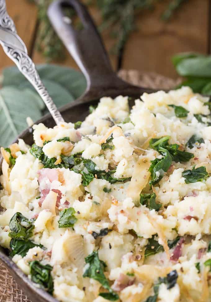 Olive Oil Mashed Potatoes wIth Kale & Herbs - Skip the dairy for these garlic & herb mashed potatoes. This flavorful side dish is great for holiday dinners or weeknight meals.