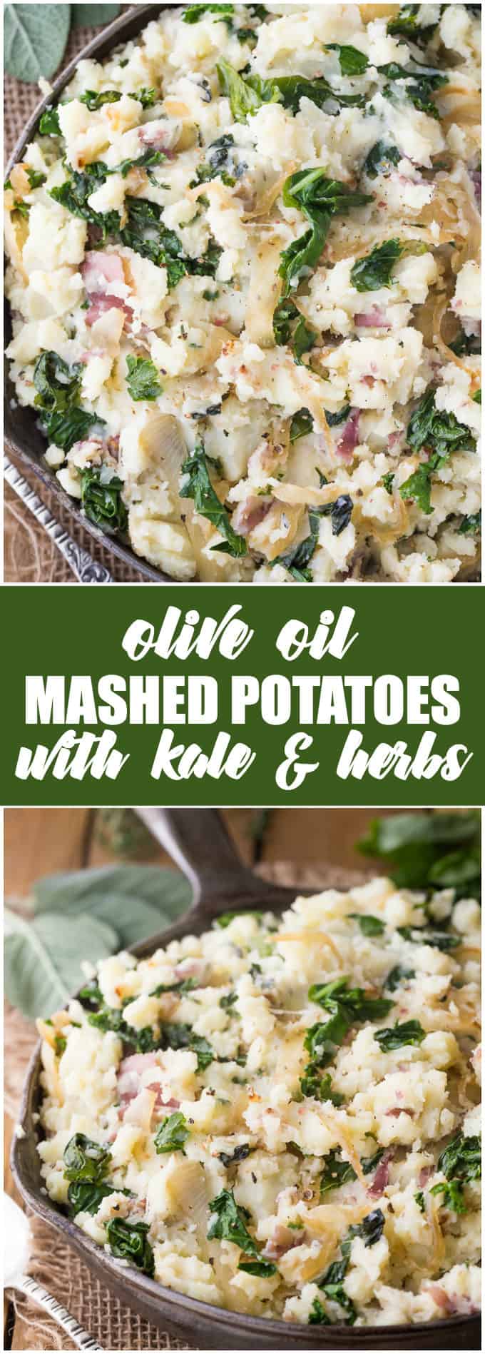 Olive Oil Mashed Potatoes wIth Kale & Herbs - Skip the dairy for these garlic & herb mashed potatoes. This flavorful side dish is great for holiday dinners or weeknight meals.
