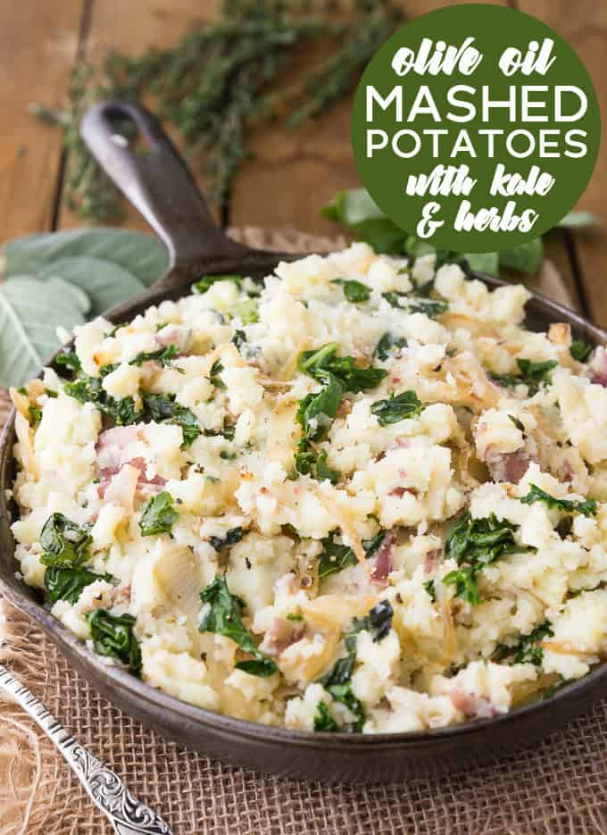 Olive Oil Mashed Potatoes wIth Kale & Herbs - Skip the dairy for these garlic & herb mashed potatoes. This flavorful side dish is great for holiday dinners or weeknight meals.