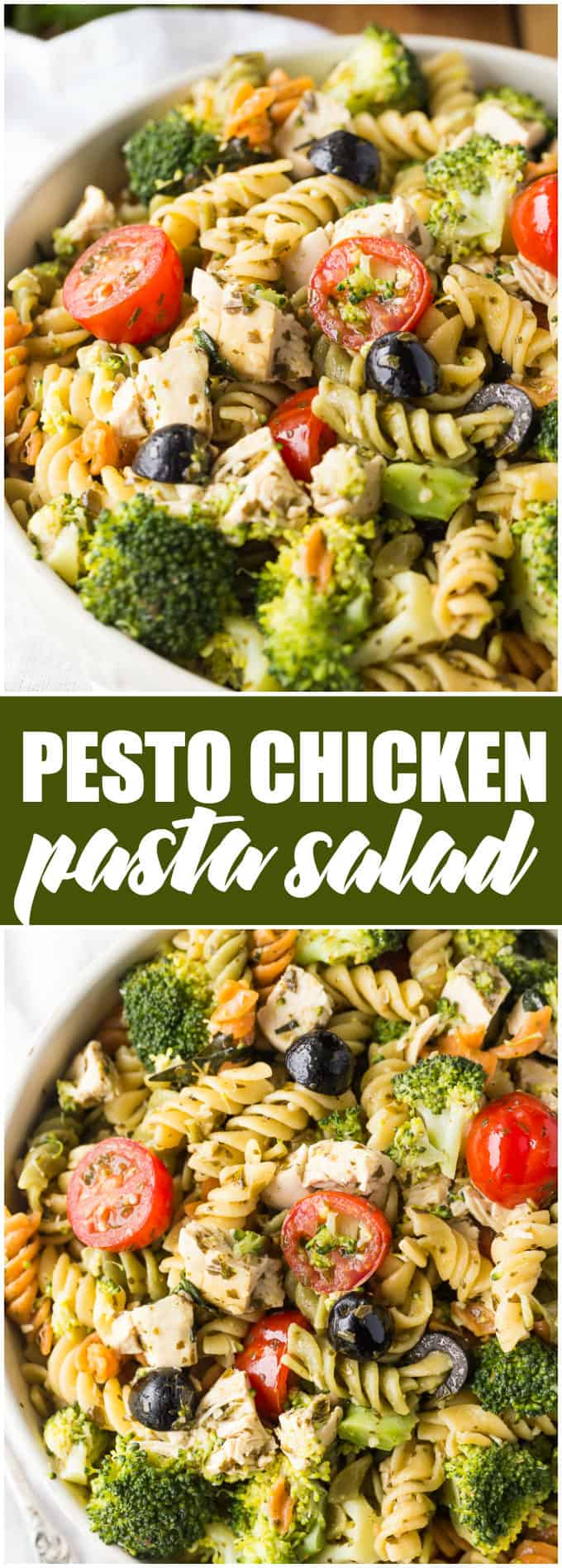 Pesto Chicken Pasta Salad - Tender white chicken morsels, fresh veggies, black olives all wrapped in a flavourful pesto sauce. 