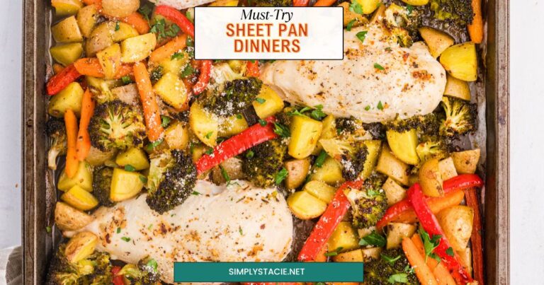 Overhead shot of a sheet pan filled with baked chicken breasts, diced potatoes, broccoli, sliced red peppers, and baby carrots, all seasoned and roasted until golden.