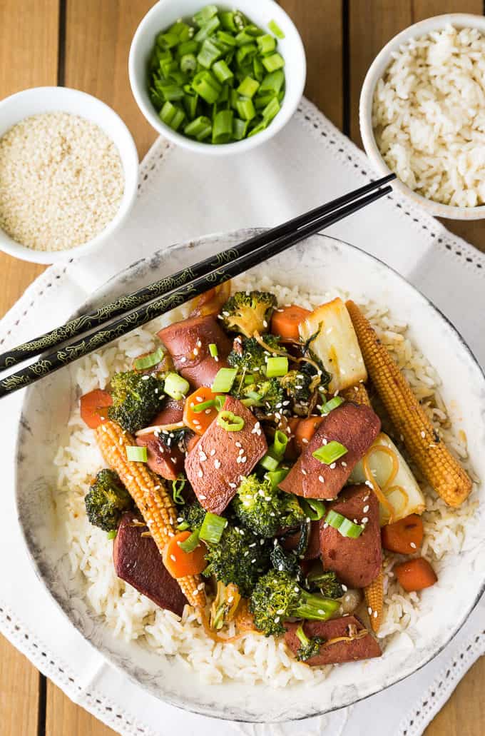 Spicy Stir-Fry - Spicy chicken frankfurters add an extra kick of fiery flavour to a stir-fried vegetable medley.