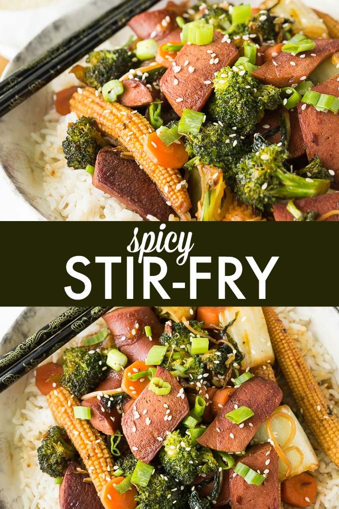 Spicy Stir-Fry - Spicy chicken frankfurters add an extra kick of fiery flavour to a stir-fried vegetable medley.