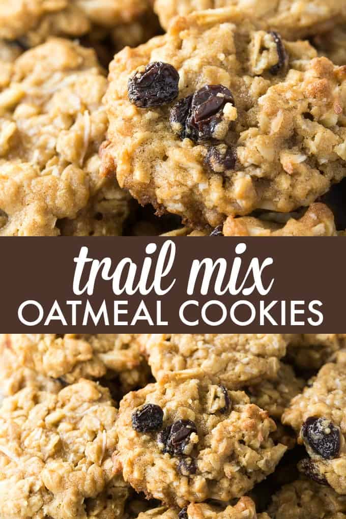 Trail Mix Oatmeal Cookies - An easy cookie recipe packed with mix-ins! Loaded with raisins, coconut, almonds, and brown sugar.