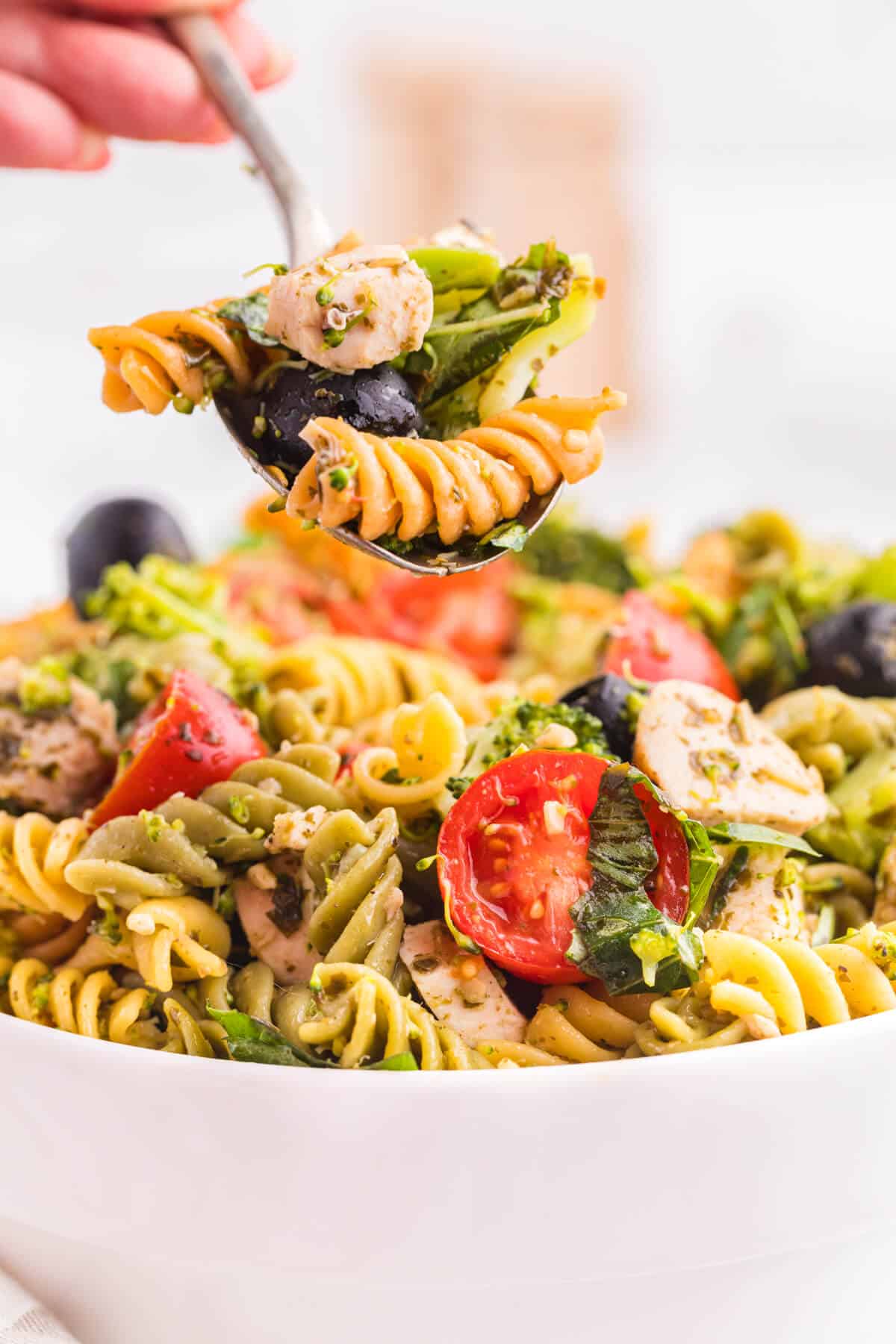 Pesto chicken pasta salad on a serving spoon.