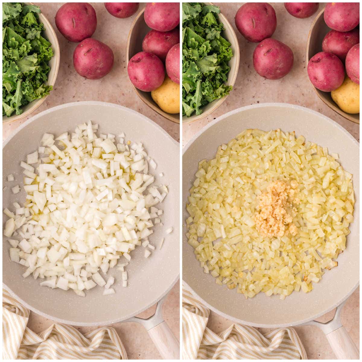 Collage of preparing the veggies in a frying pan.