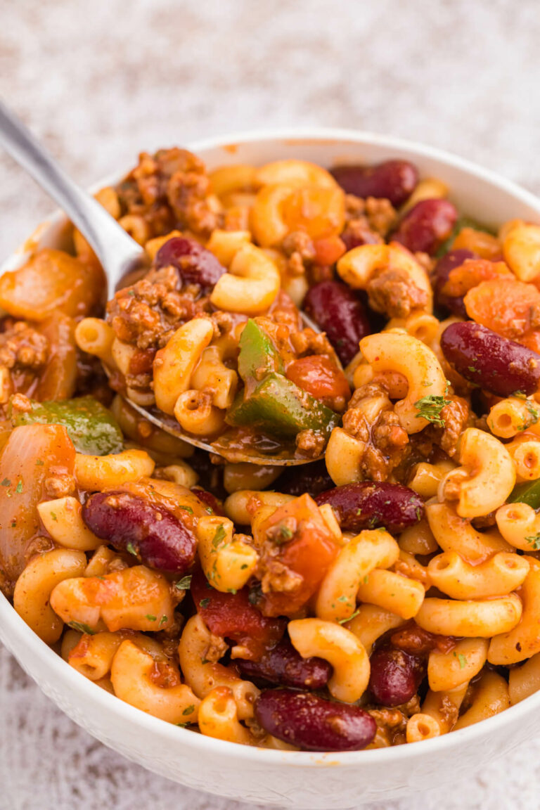 The recipe in a white bowl with a spoon.