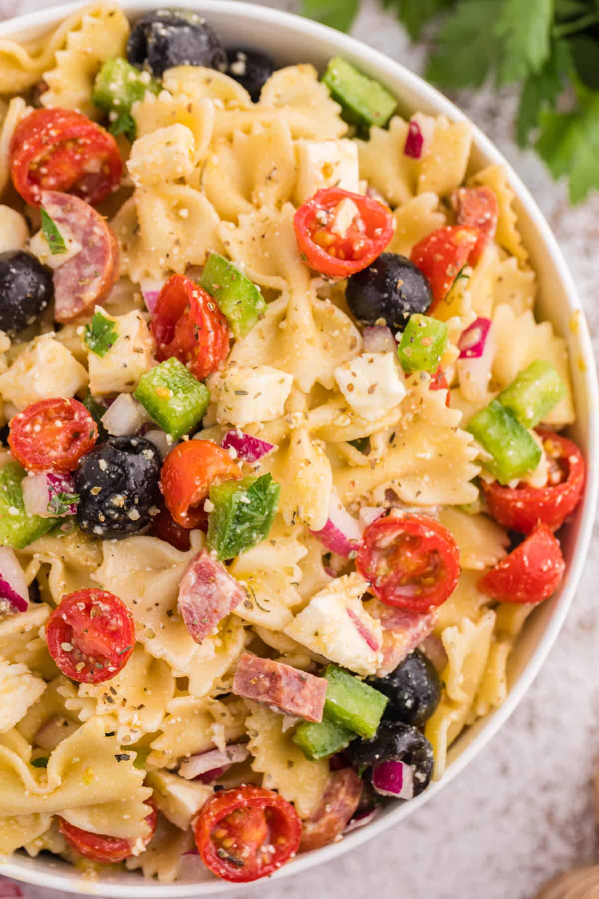 Italian Pasta Salad in a white bowl.