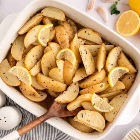 A pan of lemon roasted potatoes.