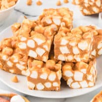A plate of peanut butter fudge with marshmallows.