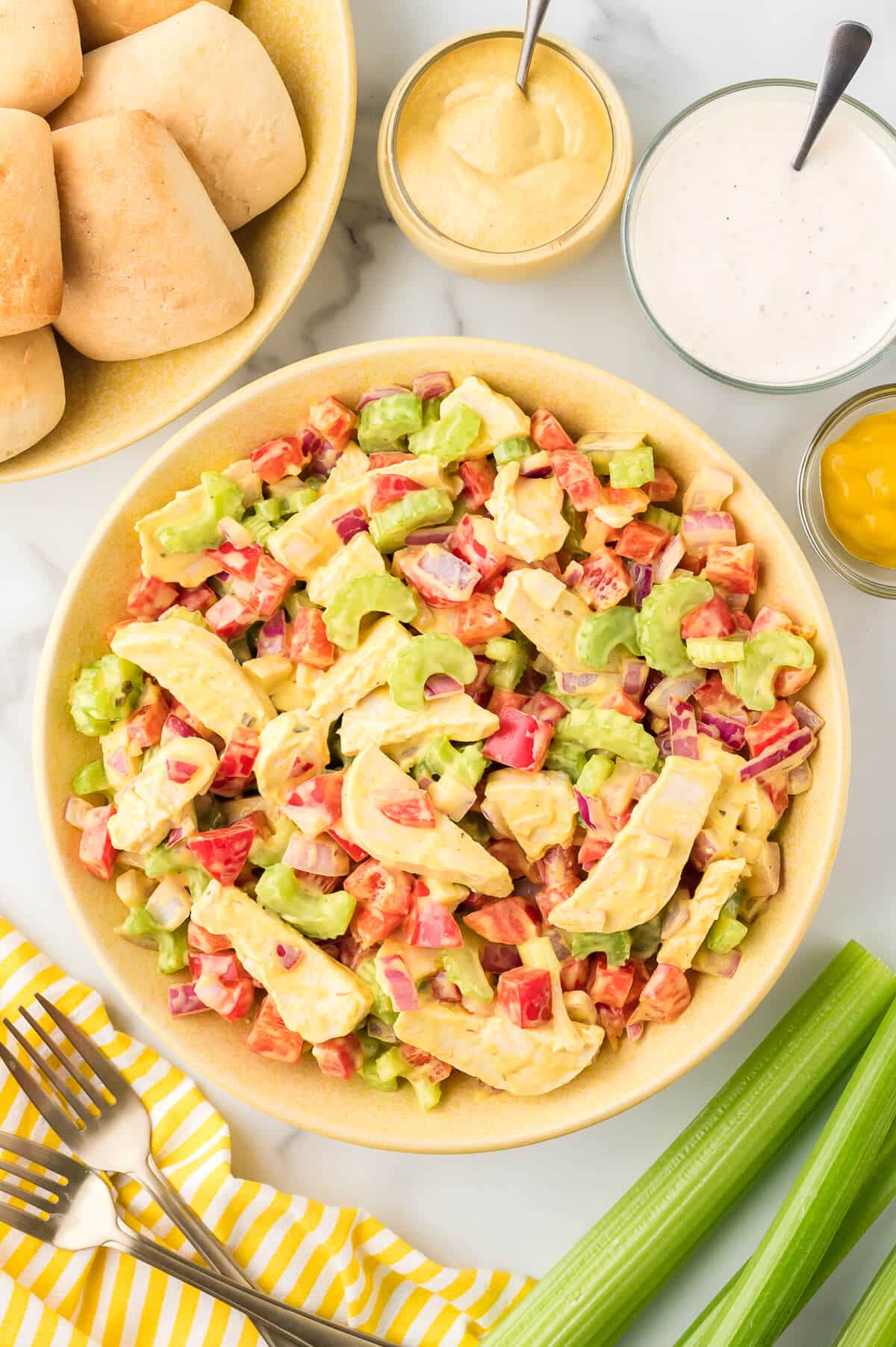 Mustard chicken salad in a bowl.