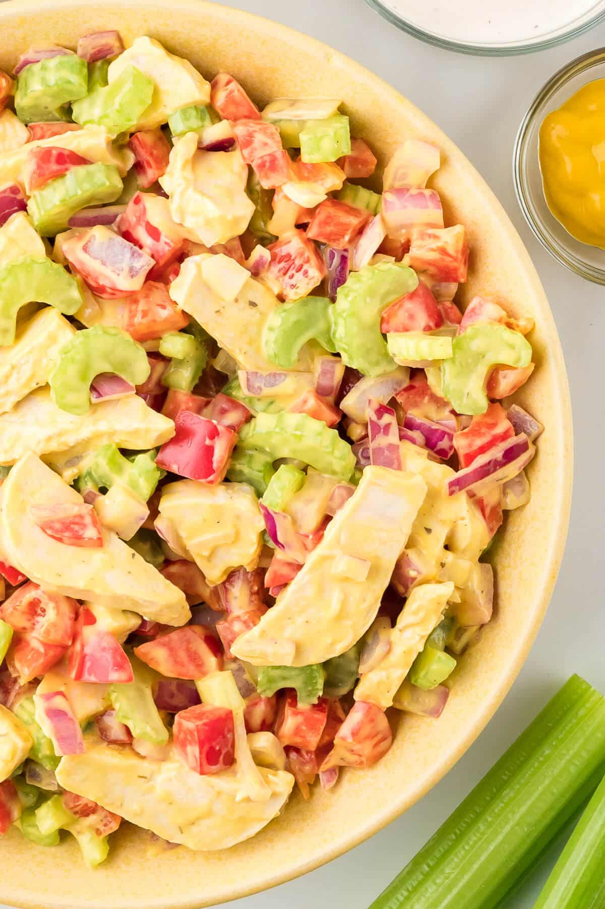 Mustard chicken salad in a bowl.