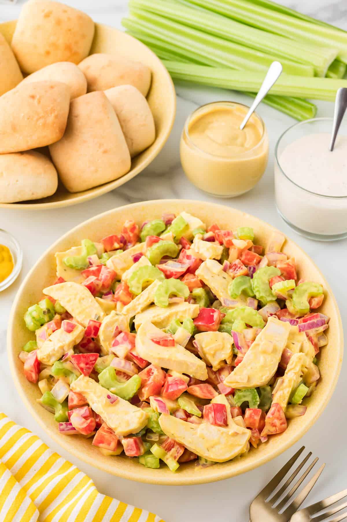 Mustard chicken salad in a bowl.