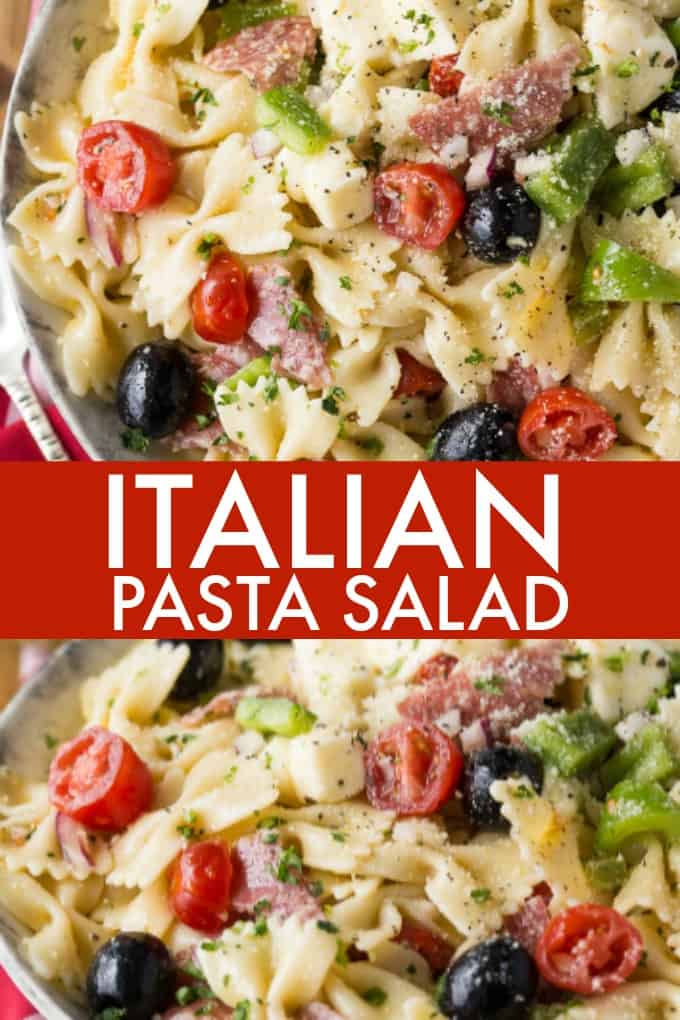 Italian Pasta Salad - The best BBQ side dish! This pasta salad recipe is made with a simple homemade Italian vinaigrette and filled with peppers, tomatoes, olives, and salami.