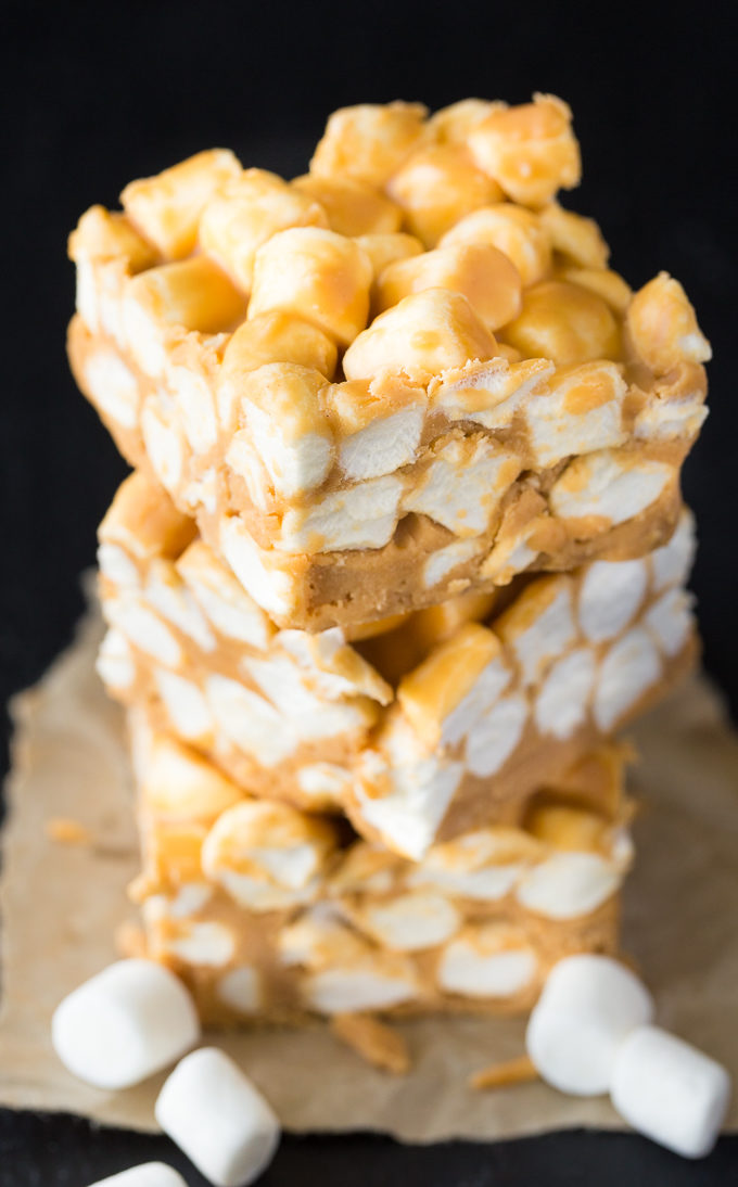 Marshmallow Bars - Delicious no-bake dessert! Peanut butter, marshmallows, and butterscotch are combined in these bars.