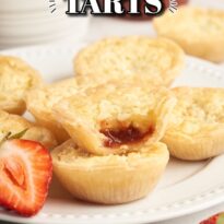 Strawberry coconut tarts pin image.