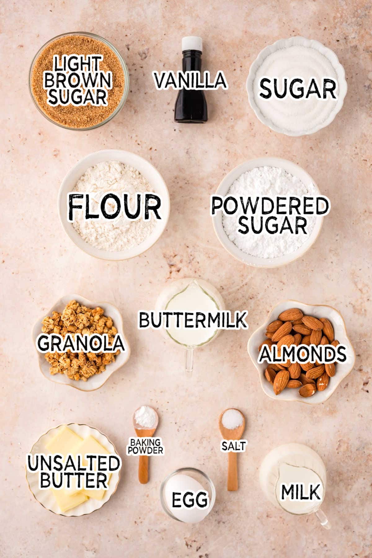 Ingredients on a beige surface.