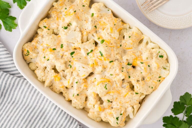 Creamy cauliflower in a baking dish.
