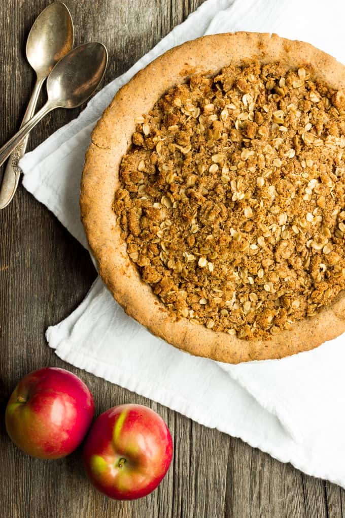 Deep Dish Apple Pie with Crumb Topping - The perfect fall dessert. This easy to make and 100% healthy dessert is made of 100% real food ingredients. It is gluten-free, vegan, dairy-free, flourless, egg-free and full of flavor!