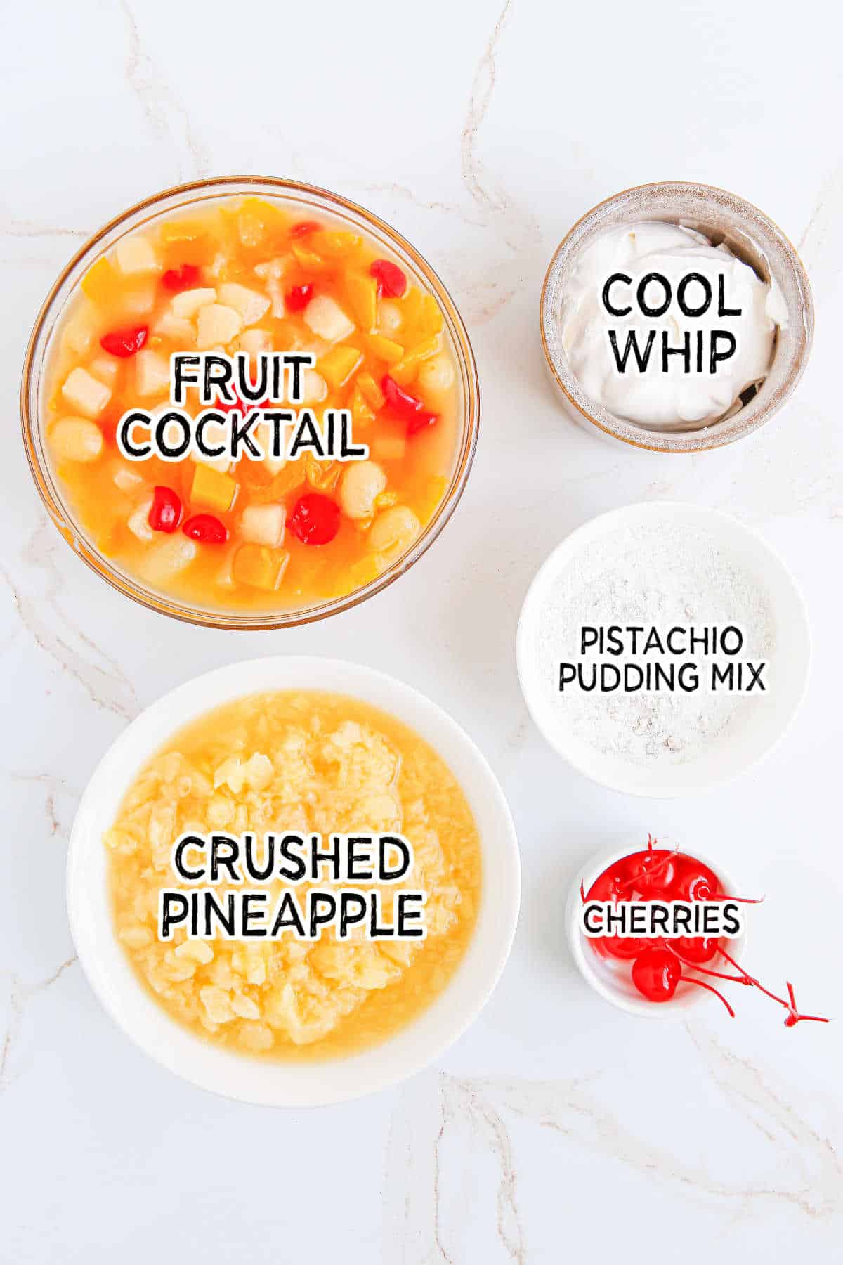 Fruit cocktail dessert ingredients.