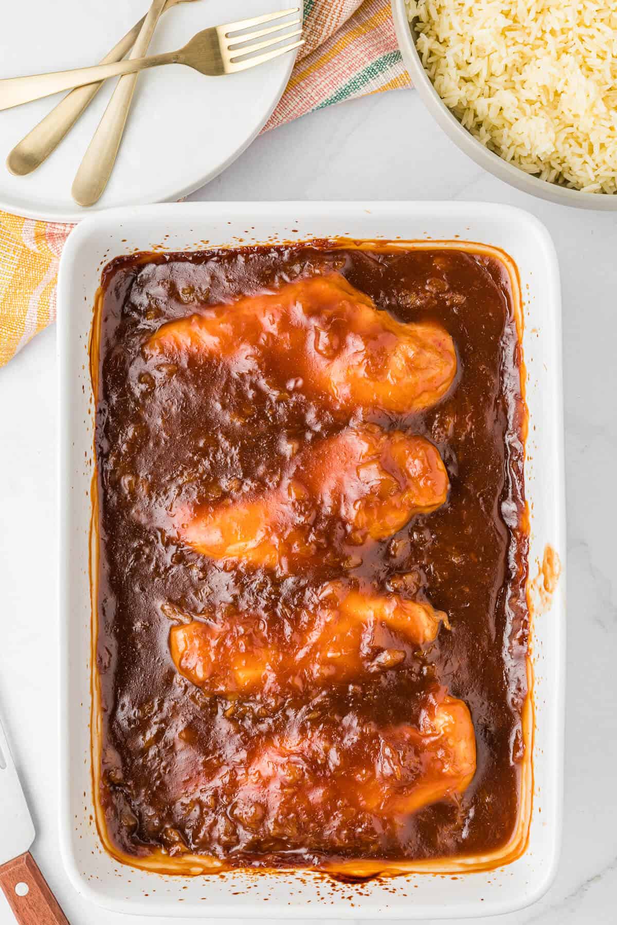 A casserole dish of hawaiian chicken.