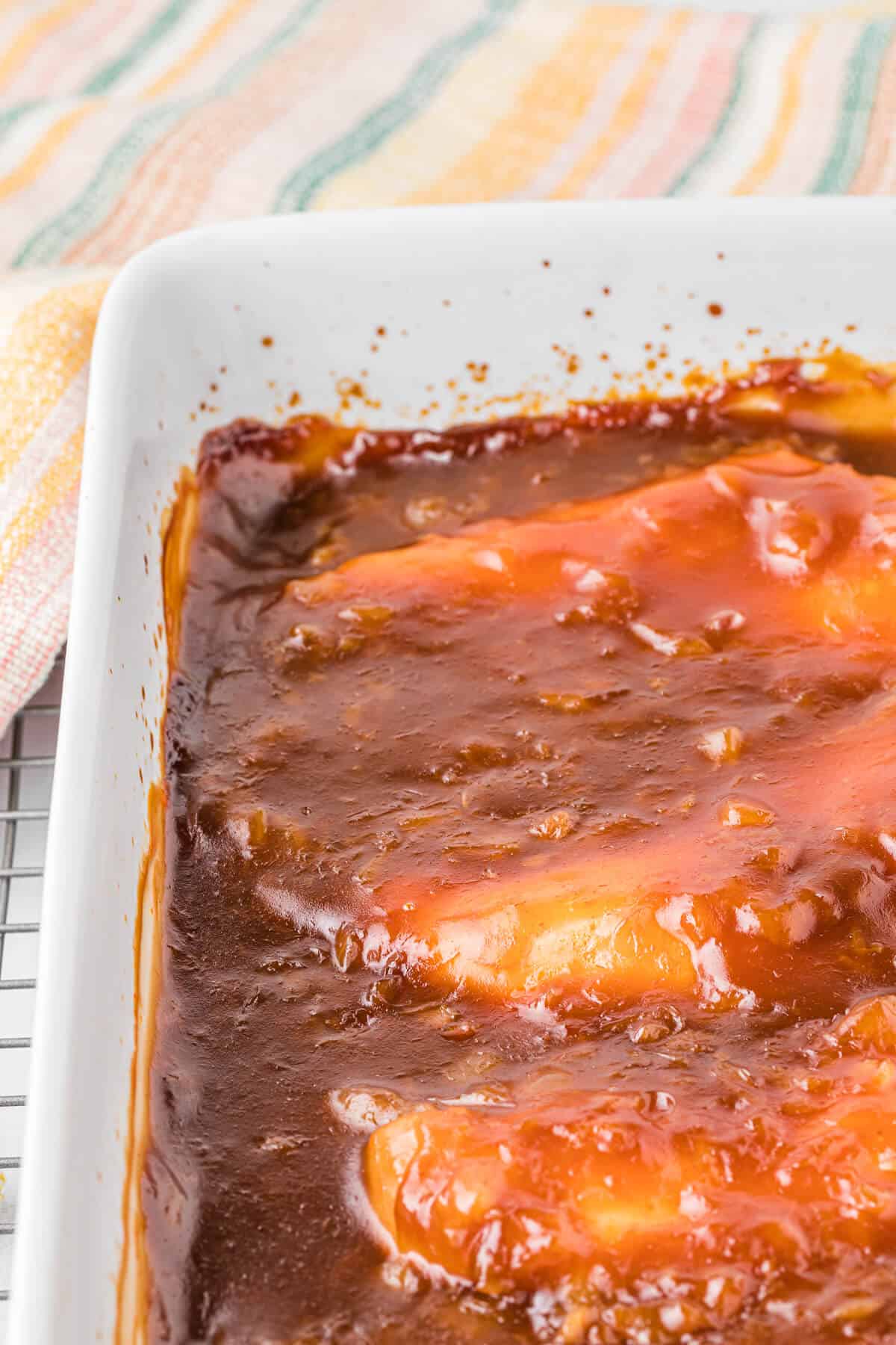 Hawaiian chicken in a casserole dish.