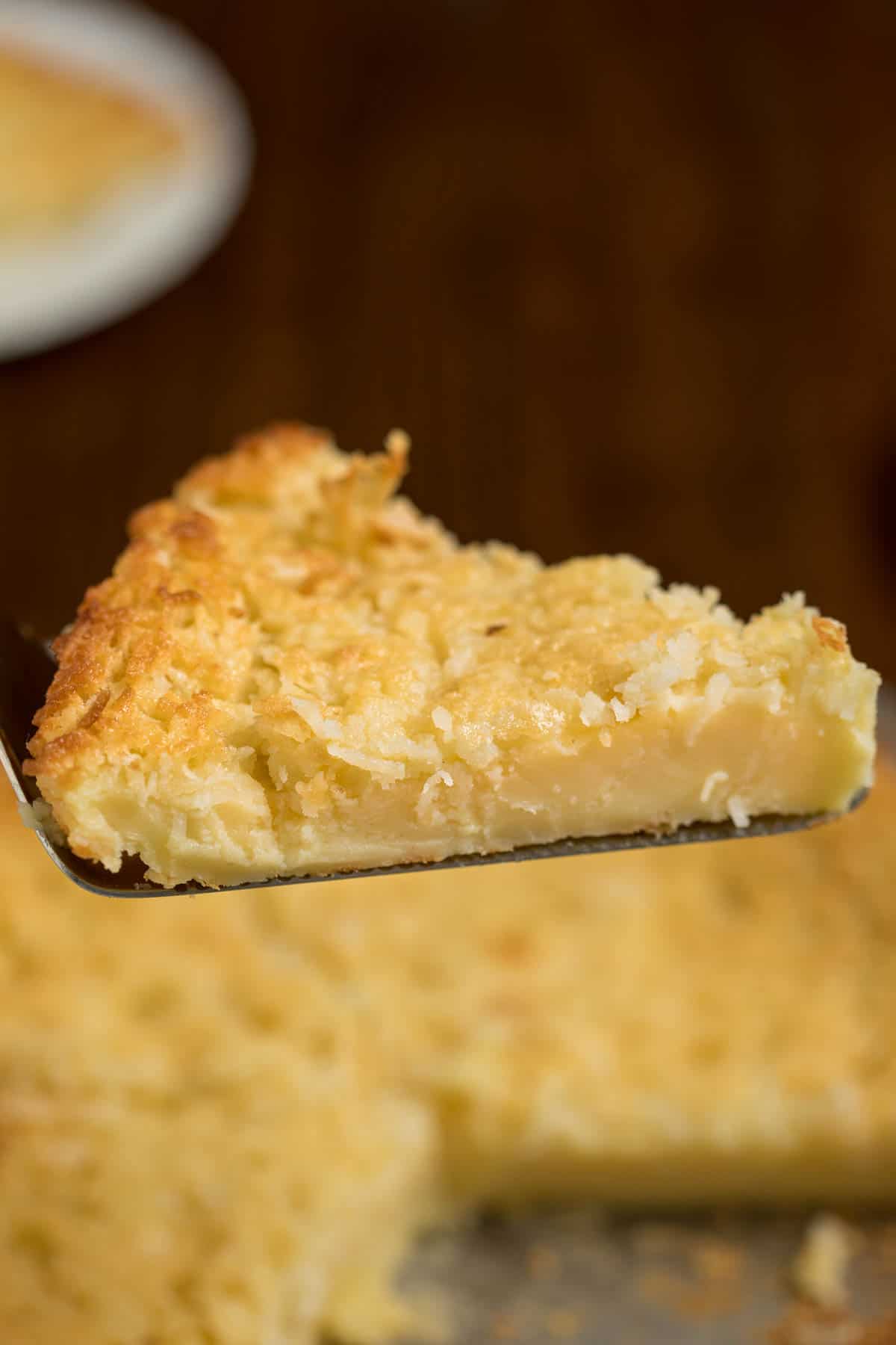 cut piece of Impossible Pie on a serving spatula