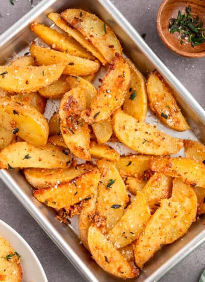 A pan of Parmesan thyme roasted potatoes.