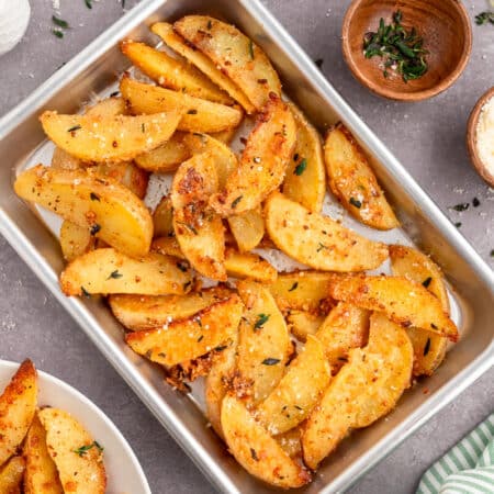 A pan of Parmesan thyme roasted potatoes.