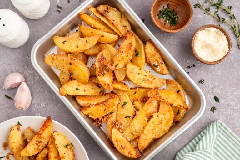 A pan of Parmesan thyme roasted potatoes.