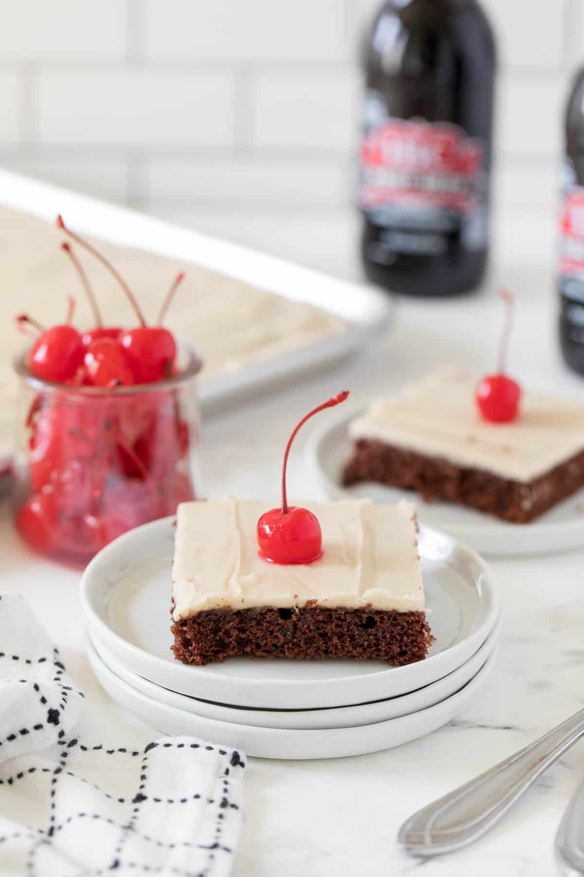 root beer float sheet cake piece on a white plate