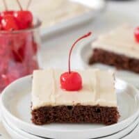 root beer float sheet cake on a white plate