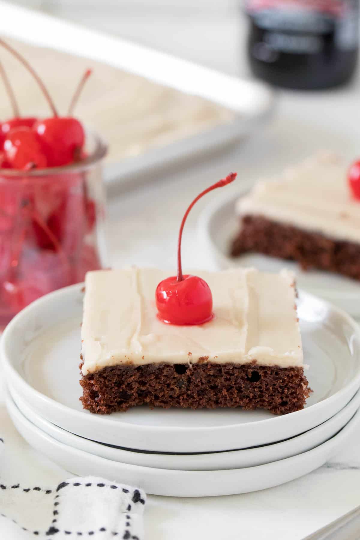 root beer float sheet cake on a white plate