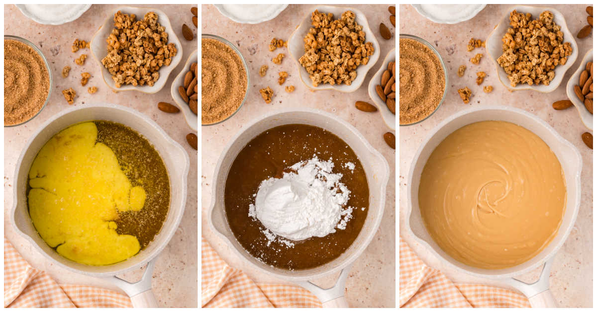 Collage of making the glaze in a pot.